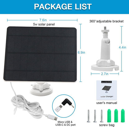 Solar Panel for Security Camera,5W USB Solar Panel for Cameras DC 5V,Camera Solar Panel Charger Micro USB & USB-C & DC,IP65 Waterproof USB Solar Panel Charger for Camera with 360°Adjustable Mounting