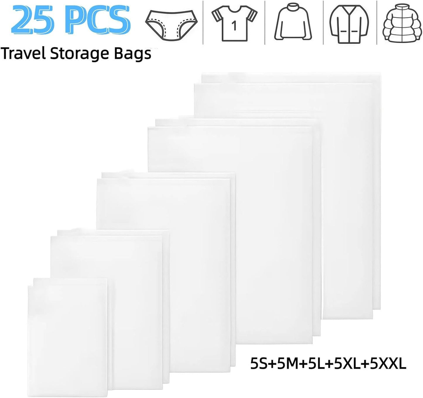 25 Pcs Reusable Travel Storage Bags, Frosted Plastic Bag for Clothing with Resealable Zipper - Waterproof Clothes Packaging Bag for Shoes, Cosmetics, Toiletries Organization