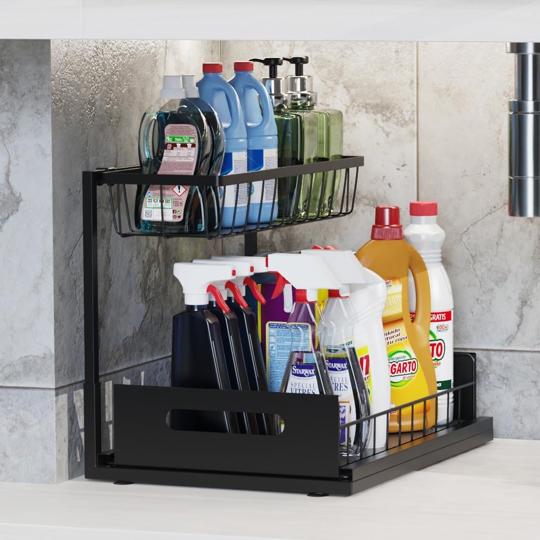 Under Sink Organizer and Storage, 2-Tier Cabinet Storage Shelves Cleaning Supplies Organizers Home Kitchen Bathroom Organization with Pull-Out Sliding Drawer (Black)