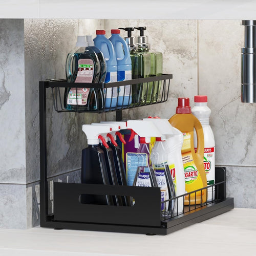 Under Sink Organizer and Storage, 2-Tier Cabinet Storage Shelves Cleaning Supplies Organizers Home Kitchen Bathroom Organization with Pull-Out Sliding Drawer (Black)