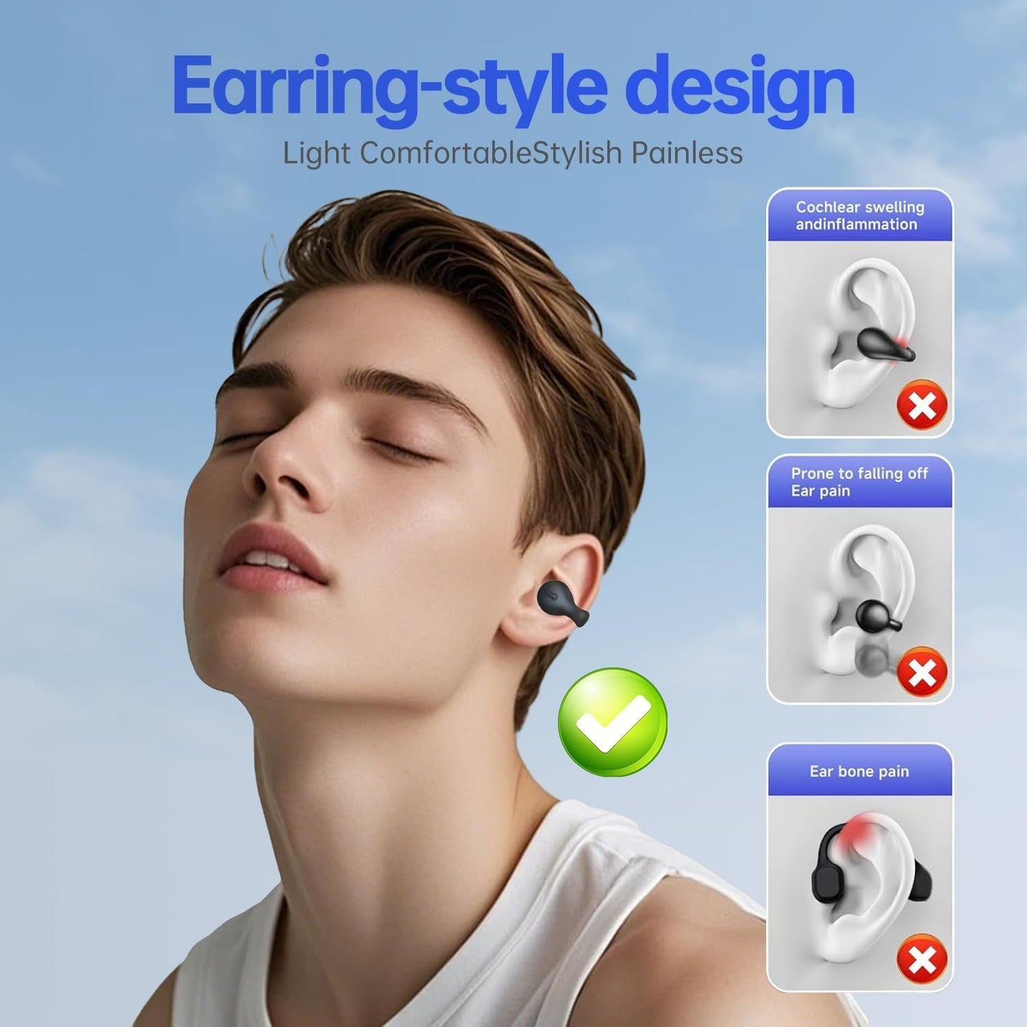 Wireless Earbuds, Clip on Headphones Over-Ear with Touch Control 13mm Speakers Stereo Sound Open Ear Buds IP5 Waterproof Sport Bluetooth Earphones 40H Playback Headset for Work Fitness