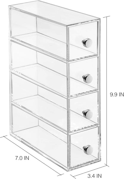 iDesign Makeup Organizer with 4 Drawers, Mini Drawer Makeup Organizer for Make Up, Cosmetics, Jewelry, Makeup Organizer with Plastic Swivel Drawers, Clear