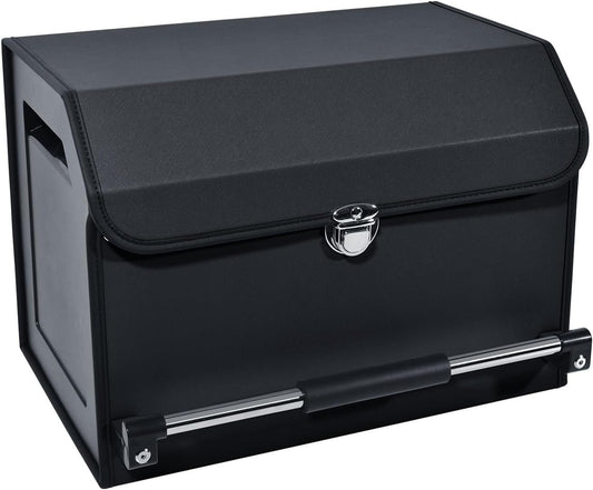 XCF Car Organizer Trunk, Durable Collapsible Leather Car Trunk Organizer with Lid and Sturdy Handle, Portable Car Storage Box for SUV, Sedan, Car Accessories for Men/Women (11.4 x 16.9 x 12.2, Black)