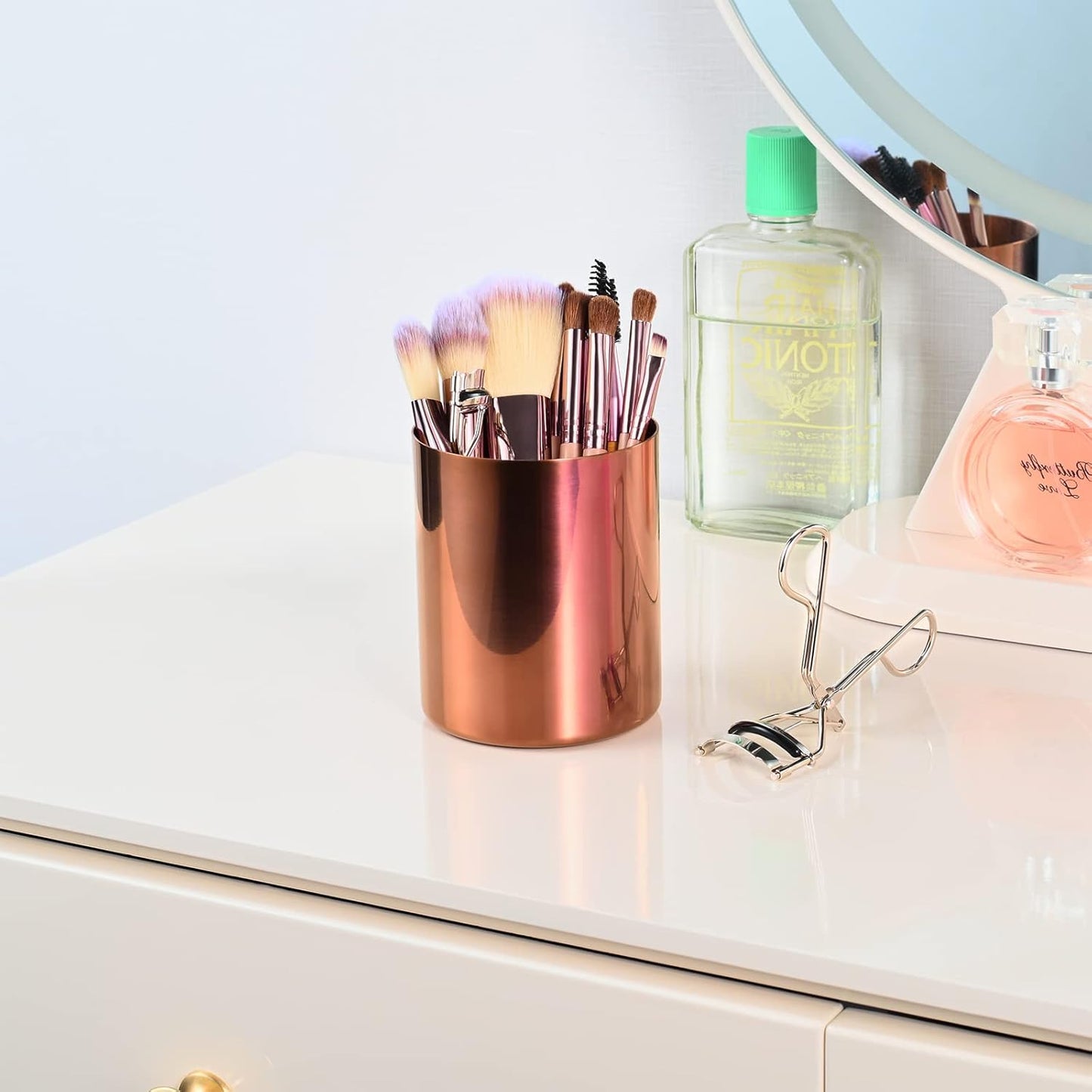 Round pen holder made of 304# stainless steel, pen cup, desk organiser, make-up organiser, brush holder, dressing table, bathroom worktop accessories, rose gold, pack of 2