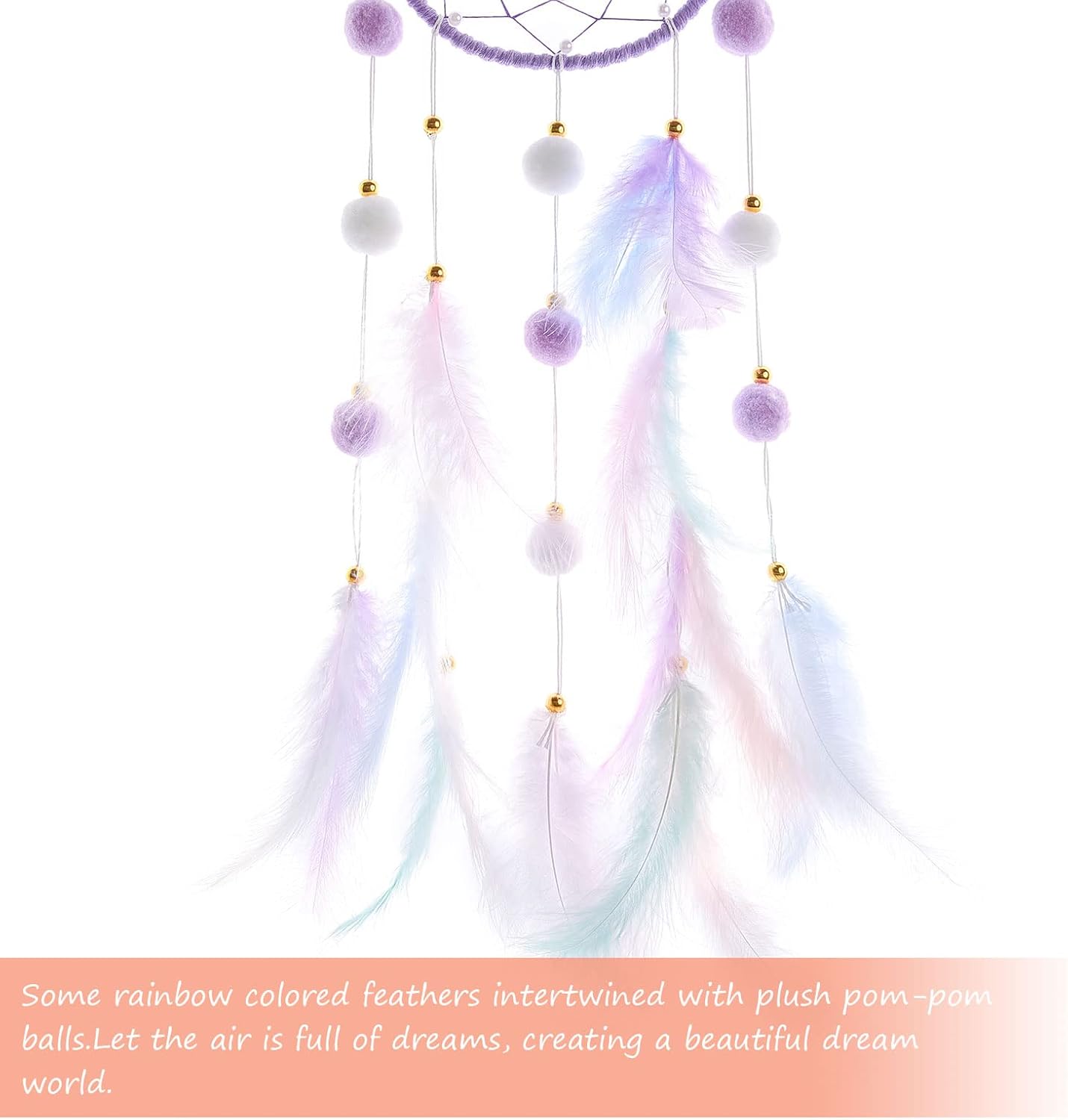 Pretty Jolly Purple Cat Kids Dream Catcher Wall Decor Pompom Feather Baby Dreamcatcher Handmade Children Dream Catcher Home Décor Wall Hanging for Nursery Bedroom Boys Girls Birthday Gift-25.6in