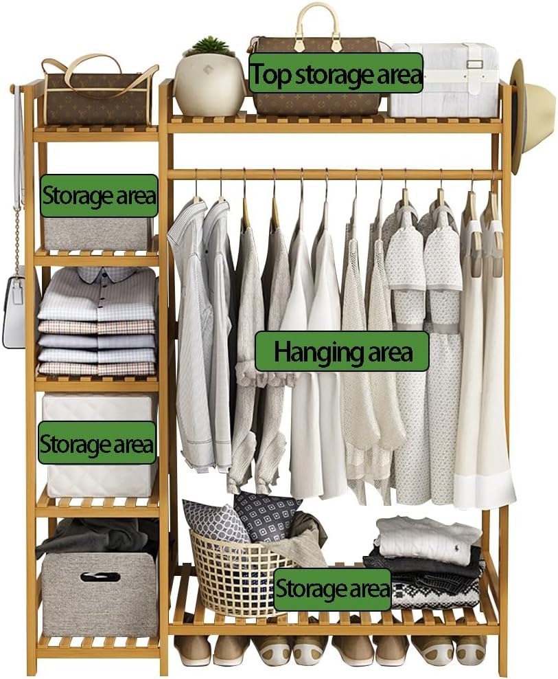 Elegante Appendiabiti Indipendente in bambù con ripiano Superiore, Asta Appendiabiti e vano portascarpe - Organizzatore Guardaroba Aperto per mobili da Camera da Letto, corridoio e Ingresso