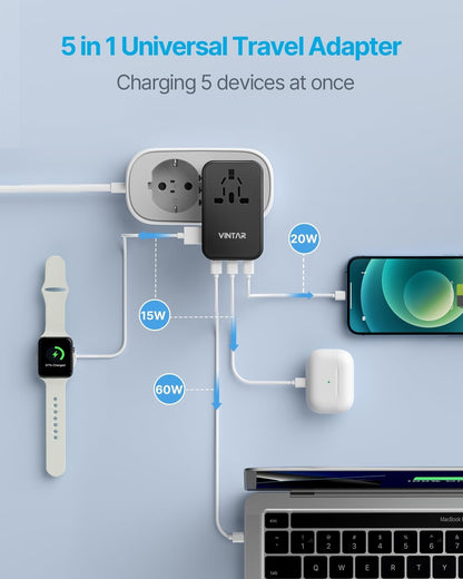 Universal Travel Adapter, VINTAR 100W GaN Power Adapter with 3 USB C PD & 1 USB A QC, All in one Travel Plug Adapter, International Travel Essentials Worldwide for EU/UK/USA/AUS(Type C/G/A/I)