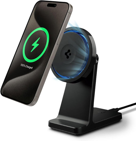 Spigen OneTap Pro 3 Cryomax (MagFit) Qi2 15W Wireless Charger MagSafe Sleep Friendly Light and Cooling Fan for iPhone 16/15/14/13/12 - Black (Stand)