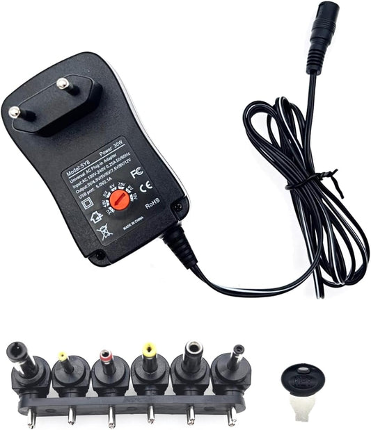 JZK 3V 4.5V 5V 6V 7.5V 9V 12V Adjustable Output Voltage 30W AC Adapter with 6 Tips Adapter Universal Charger with USB Port for Home Electronics