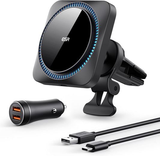 ESR for MagSafe Car Mount Charger with CryoBoost, Magnetic Wireless Car Charger Compatible with MagSafe Car Charger, for iPhone 16/15/14/13/12, S25, Fast Phone Cooling Charger Set, 36W QC 3.0 Adapter