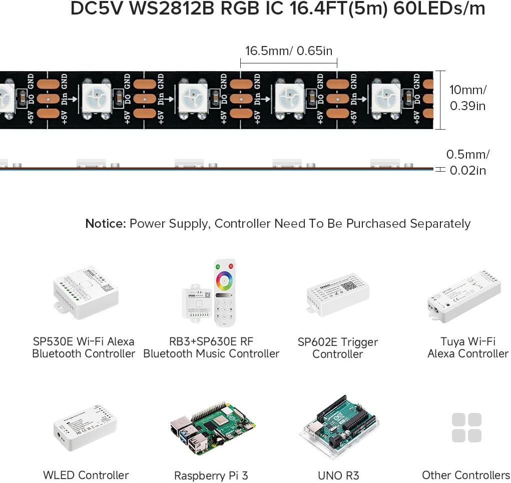 BTF-LIGHTING WS2812E Alloy Wires ECO RGB 5050SMD Individually Addressable 5m 60Pixel/m Flexible Black PCB Full Color LED Pixel Strip Dream Color IP65 Waterproof DIY Projects DC5V