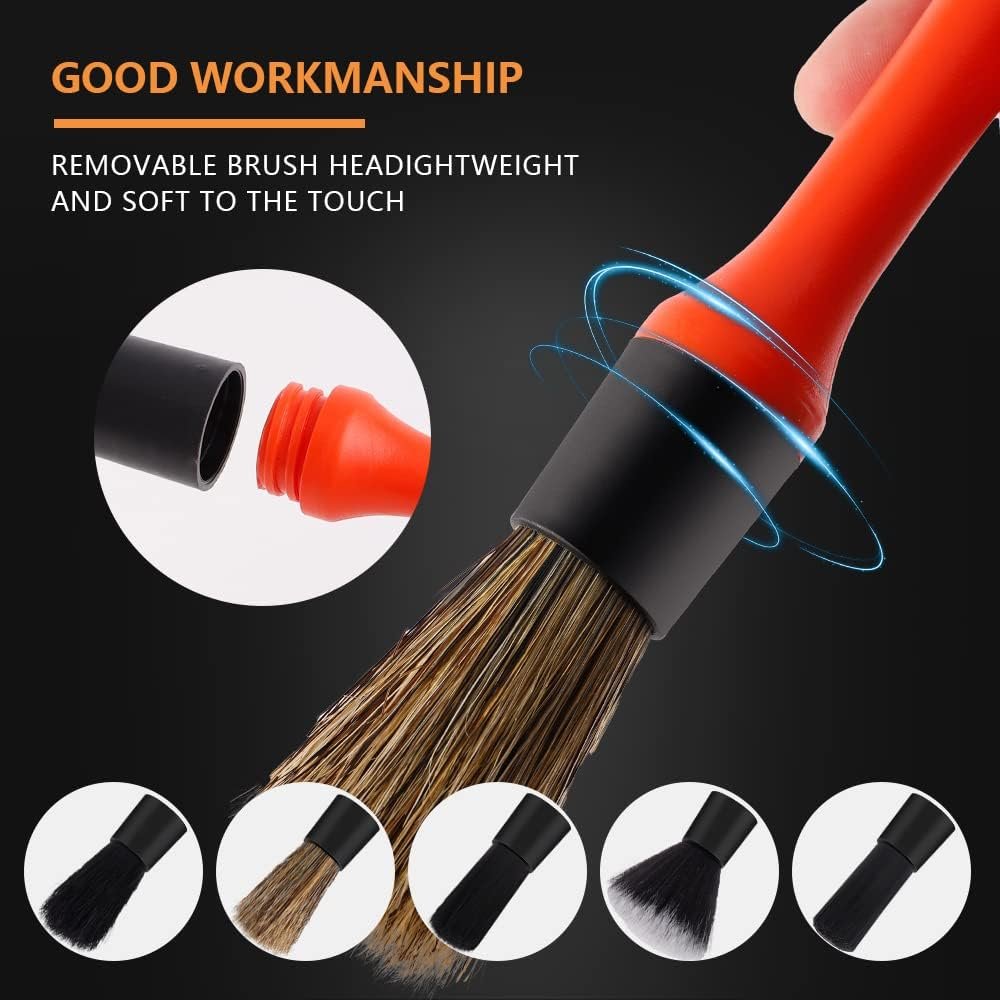 SPTA Car Detailing Brush Set – 5 Pieces with Different Hair and Mixed Plastic Handle – Cleaning Kit for Indoors, Outdoors, Wheels, Rims and Leather