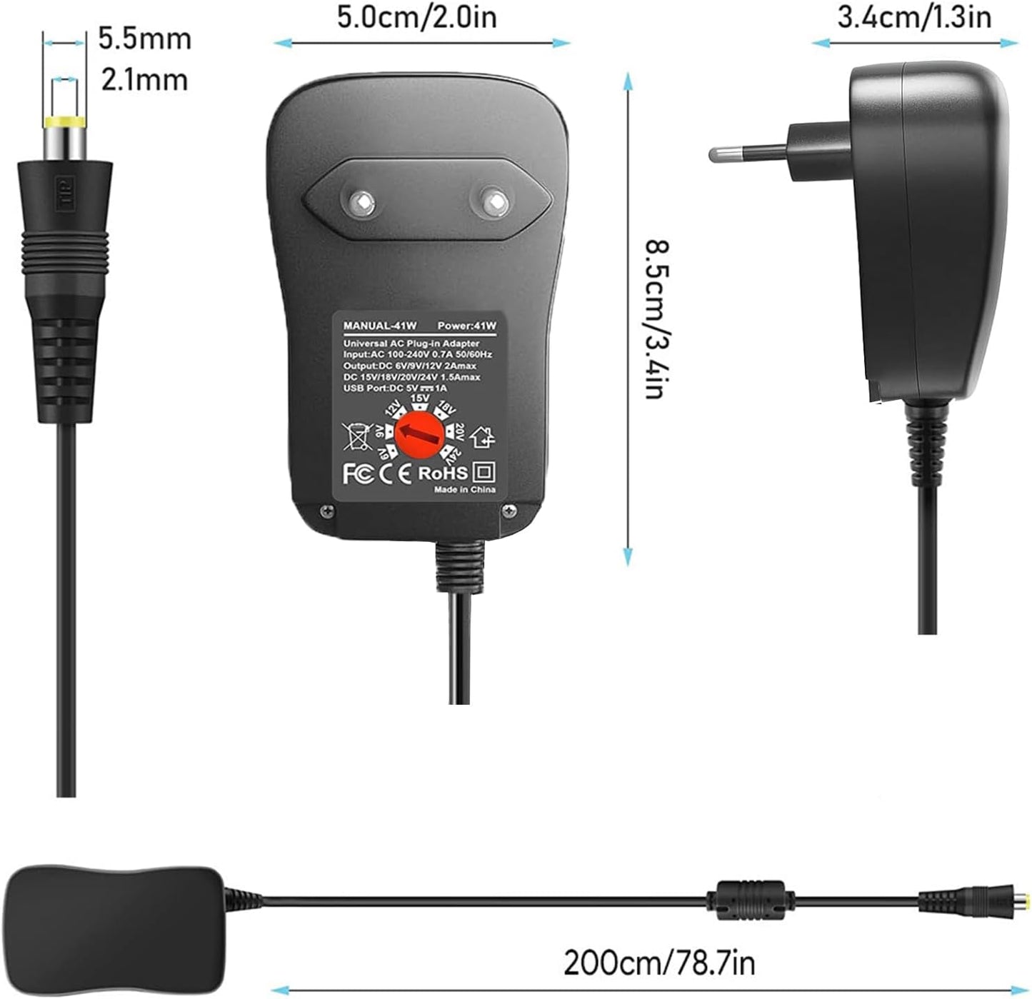 ZJSTRO Universal Power Supply 41W 6V 9V 12V 15V 18V 20V 24V AC/DC Switching Adapter with 8 DC Tips for Home Electronics LED BT Routers CCTV Cameras TV Box