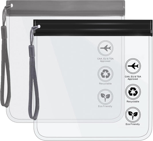 Clear Travel Toiletry Bag - Airport Security Liquids Bags, Airport Liquid Bag 20 x 20cm TSA Approved, Travel Accessories Makeup Bags Holiday Essentials Luggage for Men Women, 2pcs Black/Grey, 20*20CM,