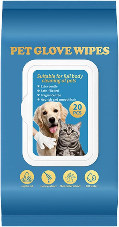 Pet Glove Wipes,Cat Bathing Wipes 20X | Comfortable Waterless Washer Brush for Daily Care, Washing Grooming Bathing, Paw Hygiene