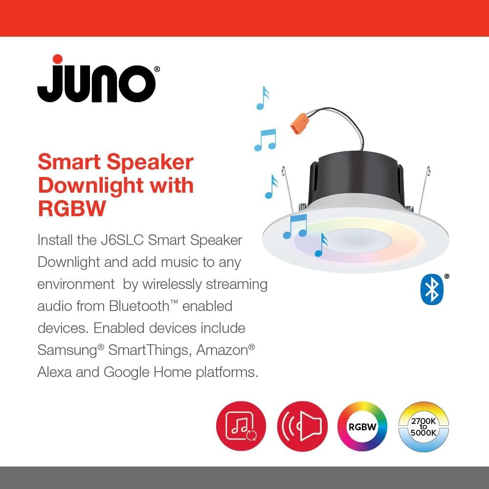 Juno 6 Inch Smart Recessed Light Speaker, Bluetooth, Alexa, Google Home Compatible, RGBW Speaker Downlight, Dynamic Color Red Green Blue White, Matte White (J6SLC RGBW MW M6)
