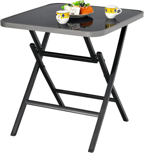 Tangkula Patio Folding Square Dining Table, 27.5” Rustproof Aluminum Coffee Table w/Tempered Glass Tabletop, Portable Indoor Outdoor Bistro Glass Table for Balcony Backyard Poolside (Black)