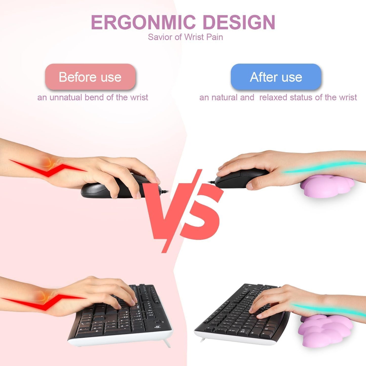 Keyboard Cloud Wrist Rest 2PCS, Memory Foam Keyboard Palm Rest, Ergonomic Keyboard Pad Wrist Support, Mouse Pad Rest Support for Office/Computer/Laptop/Gaming/Mac,Pink(Purplish Pink)