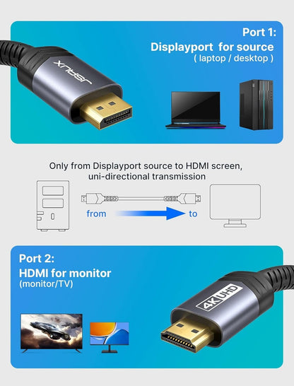 JSAUX 4K DisplayPort to HDMI Cable Adapter 10FT, DP to HDMI Male Video UHD 4K@30Hz/2K@60/1080P@120 Nylon DP to HDTV Uni-Directional Cord for Dell, Projector, Desktop, AMD, NVIDIA, Lenovo, HP, ThinkPad