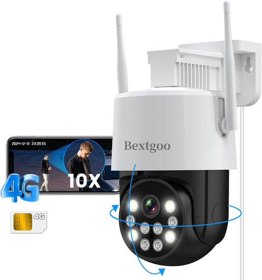 Bextgoo 2K 4G LTE Cellular Security Camera Outdoor No WiFi with SIM Card, 360Â° PTZ Surveillance Camera, Auto Tracking, 24/7 Recording, Smart Detection Alerts, Color Night Vision, IP66