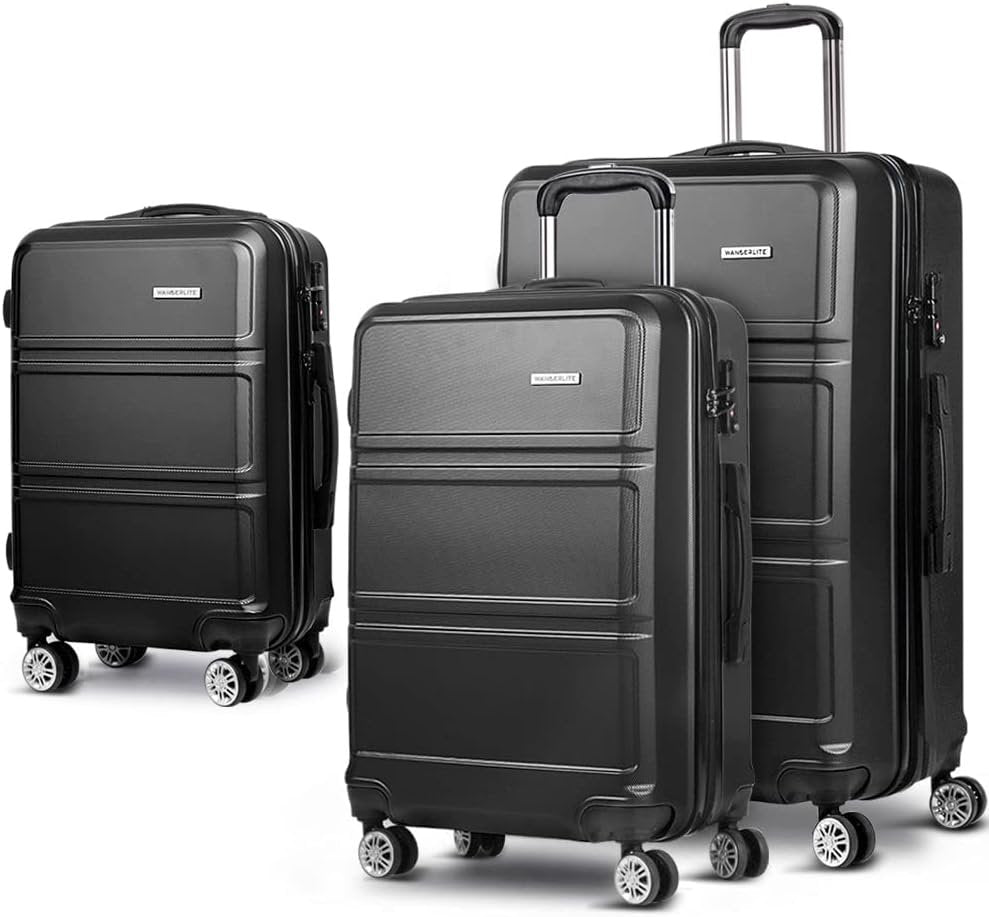 Wanderlite Luggage Set 3pcs Black Suitcase Storage Organizer Hand Luggages Travel Hard Case Hardside, Lightweight Trolley Carry on Bag, TSA Lock 4 Universal Wheels