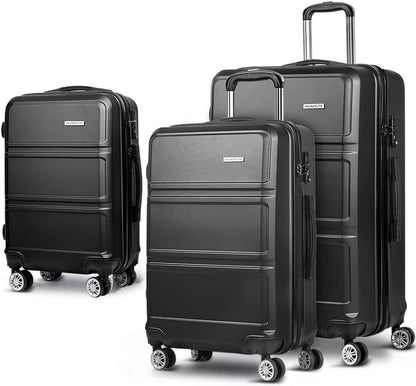Wanderlite Luggage Set 3pcs Black Suitcase Storage Organizer Hand Luggages Travel Hard Case Hardside, Lightweight Trolley Carry on Bag, TSA Lock 4 Universal Wheels
