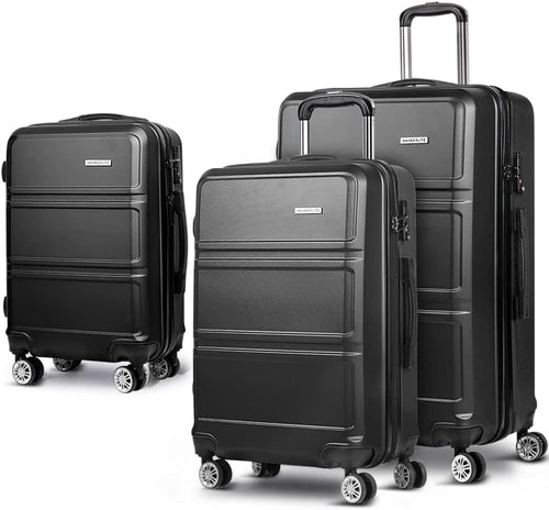 Wanderlite Luggage Set 3pcs Black Suitcase Storage Organizer Hand Luggages Travel Hard Case Hardside, Lightweight Trolley Carry on Bag, TSA Lock 4 Universal Wheels