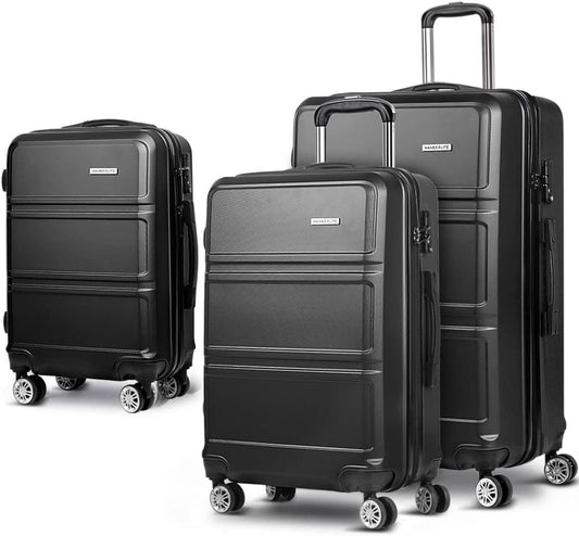 Wanderlite Luggage Set 3pcs Black Suitcase Storage Organizer Hand Luggages Travel Hard Case Hardside, Lightweight Trolley Carry on Bag, TSA Lock 4 Universal Wheels