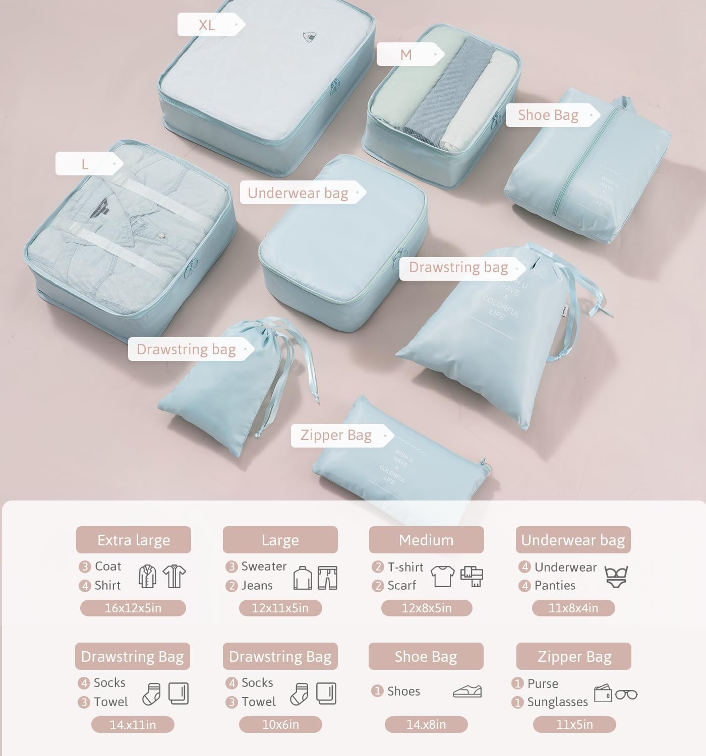 Meowoo 8 Sets Organizer Suitcase Organizer Suitcase Travel Organizer, blue
