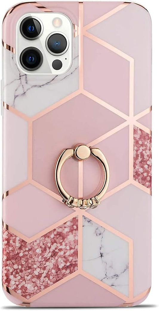 Manleno Compatible with iPhone 12 Pro Case iPhone 12 Case Marble with Ring Kickstand Glitter Sparkle Design Women Girls Slim Protective Phone Case Soft Bumper Cover for iPhone 12/Pro 6.1" (Rose Gold)