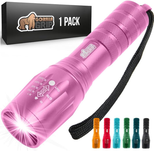 GORILLA GRIP Powerful LED 750 FT Water Resistant 5 Adjustable Mode Tactical Flashlight, High Lumens Ultra Bright Battery Life Zoom Flashlights, Small Camping Car Mini Flash Light Accessories, Pink