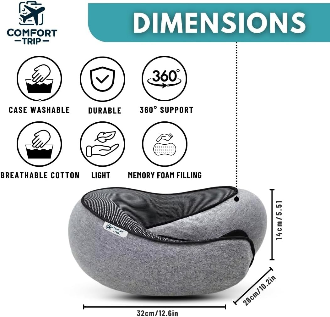 Comfort Trip Ergonomic Memory Foam Travel Pillow, 360° Neck & Head Support, Portable with Travel Bag, Comfortable Breathable Cover, Includes 3D Sleep Mask & Earplugs - Essential for Travelers - Grey