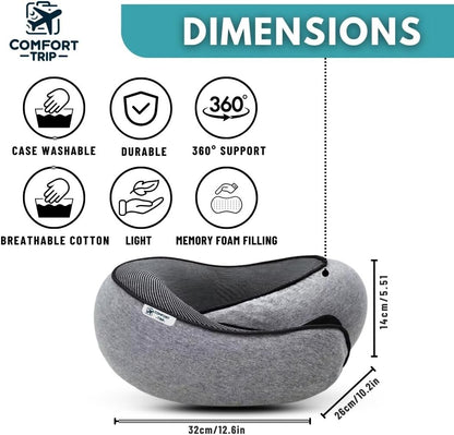 Comfort Trip Ergonomic Memory Foam Travel Pillow, 360° Neck & Head Support, Portable with Travel Bag, Comfortable Breathable Cover, Includes 3D Sleep Mask & Earplugs - Essential for Travelers - Grey