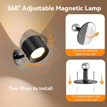 LED Wall Sconce 2pack,Double Side Light Battery Operated Wall lamp,Wall Mounted Lamp 3 Color Temperatures 3 Brightness Levels,360° Rotating Night Light for Bedroom (Black)