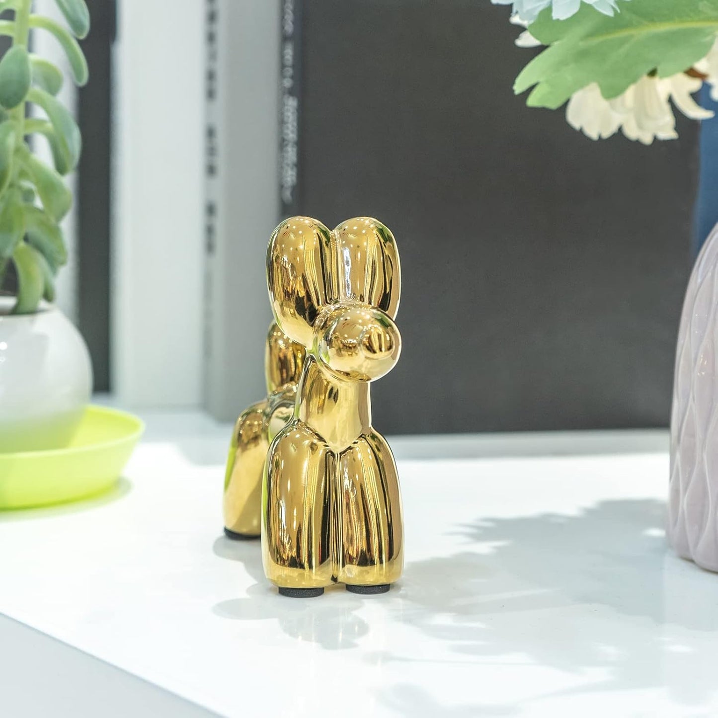 Notakia Cute Golden Electroplating Ceramics Balloon Dog Statue Crafts Living Room Desktop Decorations,Handmade Modern Small Ceramic Animal Statue Ornament Home Decor Accents