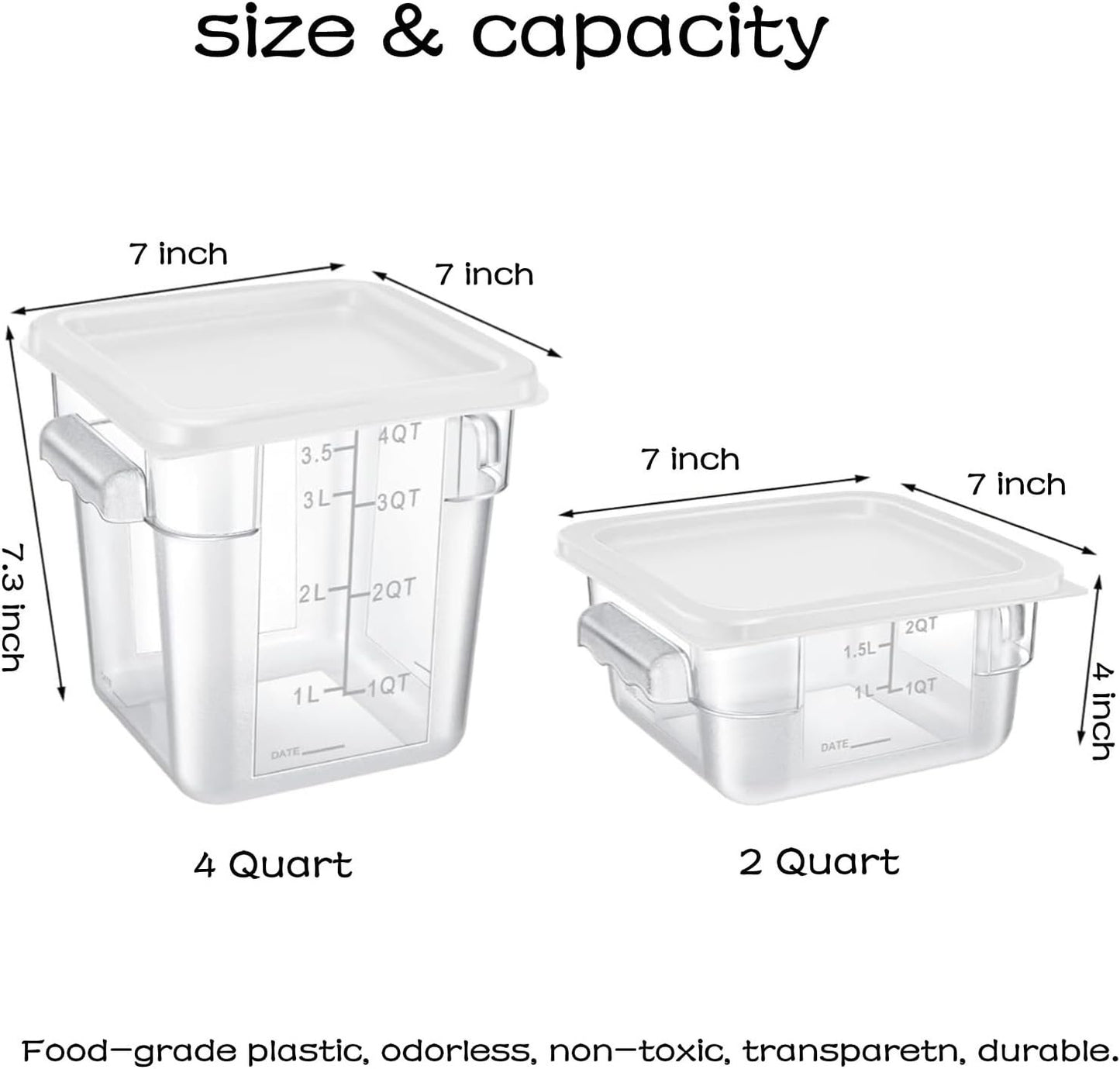 4 Pcs Food Storage Containers with Lids 2 and 4 Quart Clear Plastic Commercial Container Set with Scales Handles for Home Restaurant Fridge Freezer Kitchen Brining Food, Proof Dough, Marinating Meat