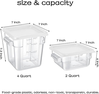 4 Pcs Food Storage Containers with Lids 2 and 4 Quart Clear Plastic Commercial Container Set with Scales Handles for Home Restaurant Fridge Freezer Kitchen Brining Food, Proof Dough, Marinating Meat