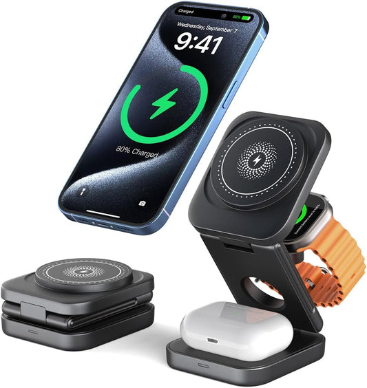 3 in 1 Wireless Charger,Magnetic Foldable Fast Wireless Charger Station Compatible with iPhone 15/14/13/12/Pro/Plus/Pro Max,5W for Apple Watch 9/8/7/6/5/4/3/2/SE/Ultra 2, AirPods 3/2/Pro (Black)