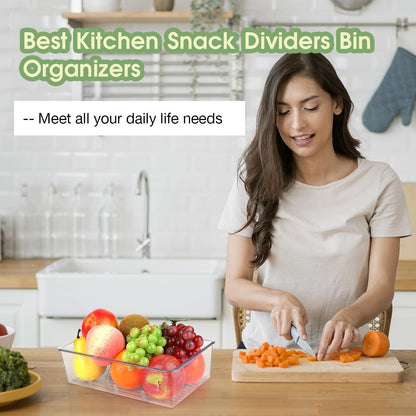 6 Pack Food Storage Organizer Bins Clear Plastic Removable Snack Organizer Pantry Organization Storage Racks with 3 Dividers, Kitchen, Cabinets Snacks, Packets, Spices, Pouches Stackable Bins