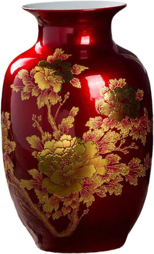 Red Flower Vases Oriental Ceramic Peony Flower Pots for Home Living Room Wedding Large 23cm