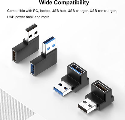 Jadebones 90 Degree USB 3.0 Adapter (4 Pack), Vertical Up and Down Angle, Horizontal Left and Right Angle USB Male to Female Extender Connector
