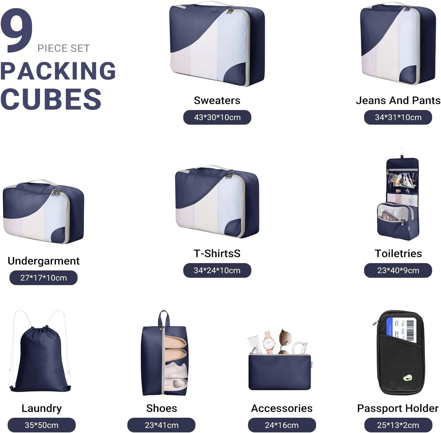 TOP G 9-Piece Packing Cubes Set for Travel â€“ 4 Sizes (XL, L, M, S) Luggage Organizer Bags with Passport Holder for Carry-On Suitcases and Travel Accessories Navy