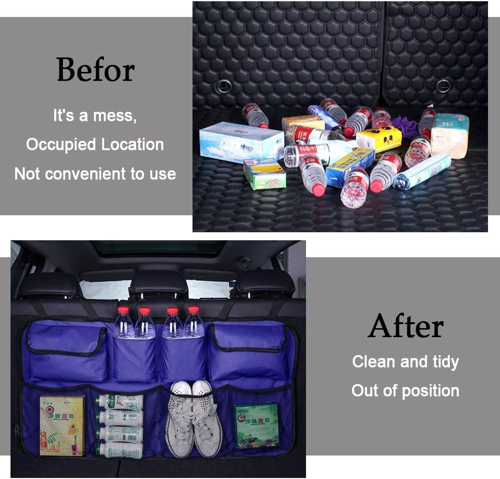 Car Trunk Organizer, Backseat Hanging Organizer, Auto Waterproof Sturdy Backseat Hanging Large Storage Collapsible Cargo Bag with 7 Large Compartments, Universal Car Interior Accessories for Man Woman