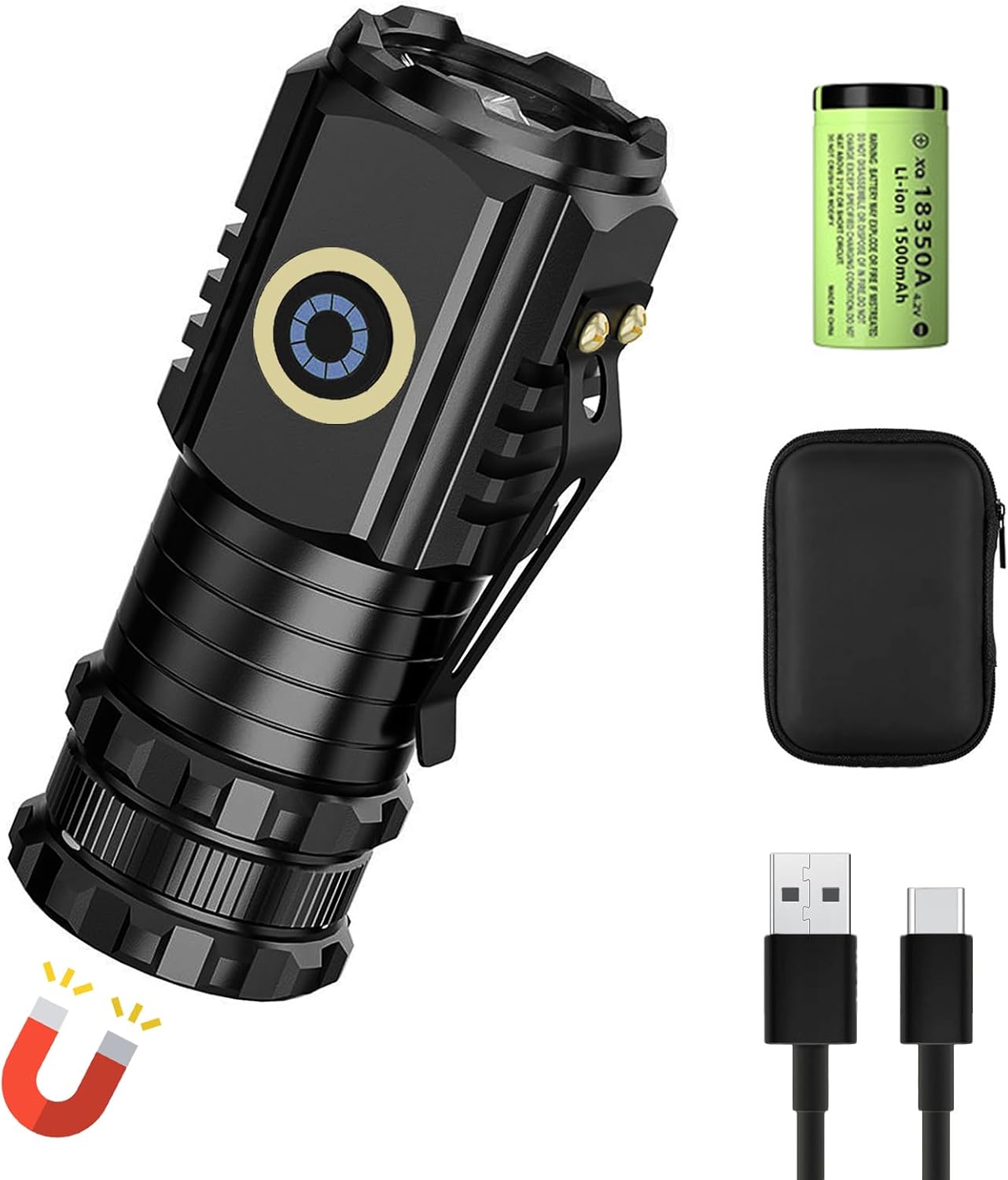 Magnetic Rechargeable Flashlight,Bonlaer USB C Rechargeable Small LED Flashlight with Clip,IPX6 Waterproof Tactical Pocket Flashlights for Hiking,Camping,Emergency