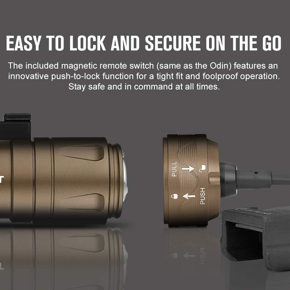 OLIGHT Odin Mini 1250 Lumens Compact Rechargeable Tactical Flashlight, MLOK Mount Flashlight with Removable Slide Rail Mount and Remote Switch, 240 Meters Beam Distance(Desert Tan)