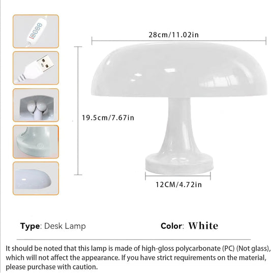 White Mushroom Lamp, Vintage Table Lamp with 3 Colors and 10 Brightness Levels, USB Powered Retro Bedside Lamp for Bedroom, Night Light, Hall, Home Decoration (White)