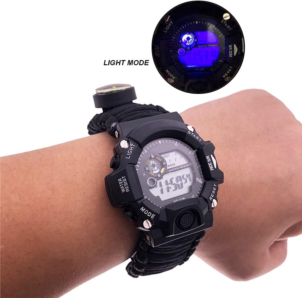 TecHong Multifunction Outdoor Survival Bracelet Watch, Emergency Sport Waterproof Wristband First Aid Tools with Paracord, Compass, Thermometer, Whistle, Fire Starter for Camping & Adventure