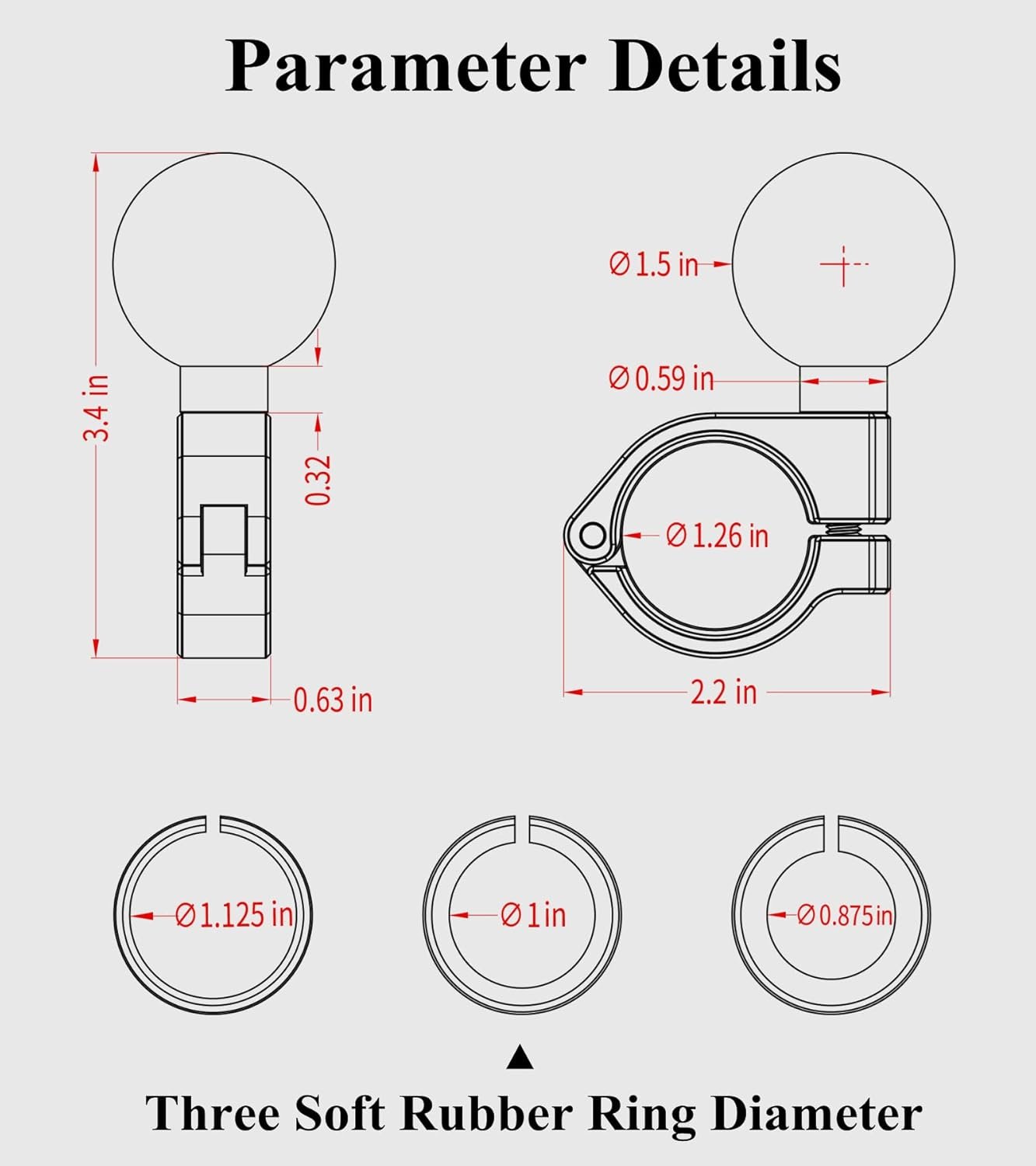BRCOVAN 1.5'' Ball Mount, Aluminum Alloy Handlebar Clamp Base, Fit for Round Rails 0.875'' / 1'' / 1.125'' / 1.26'' in Diameter, Compatible with RAM Mounts C Size 1.5 Inches Ball Double Socket Arm