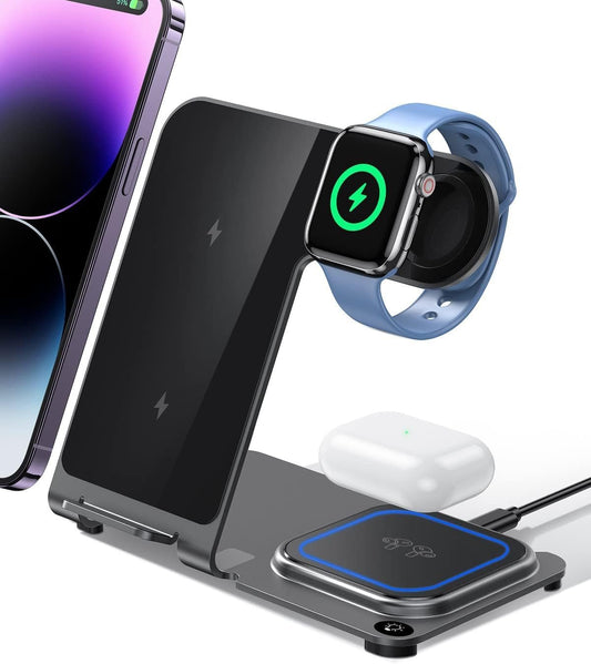 (2024 Upgrade) Intoval Metal Charging Station, 3 in 1 Wireless Charger for iPhone 16/15/14/13/12/11/XS/XR/XS/X/8, iWatch 10/9/8/Ultra/7/6/SE/5/4/3/2, Airpods Pro2/Pro/4/3/2/1 (Y9,Gray)