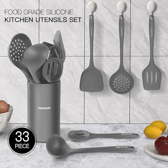 Kitchen Utensils Set - 446°F Heat Resistant Silicone Cooking Utensil Set-Kitchen Tools and Gadgets for Cooking Nonstick Cookware with Tongs,Turner,Spatula,Spoon,Brush,Peeler,Grater,Scissors (Gray)